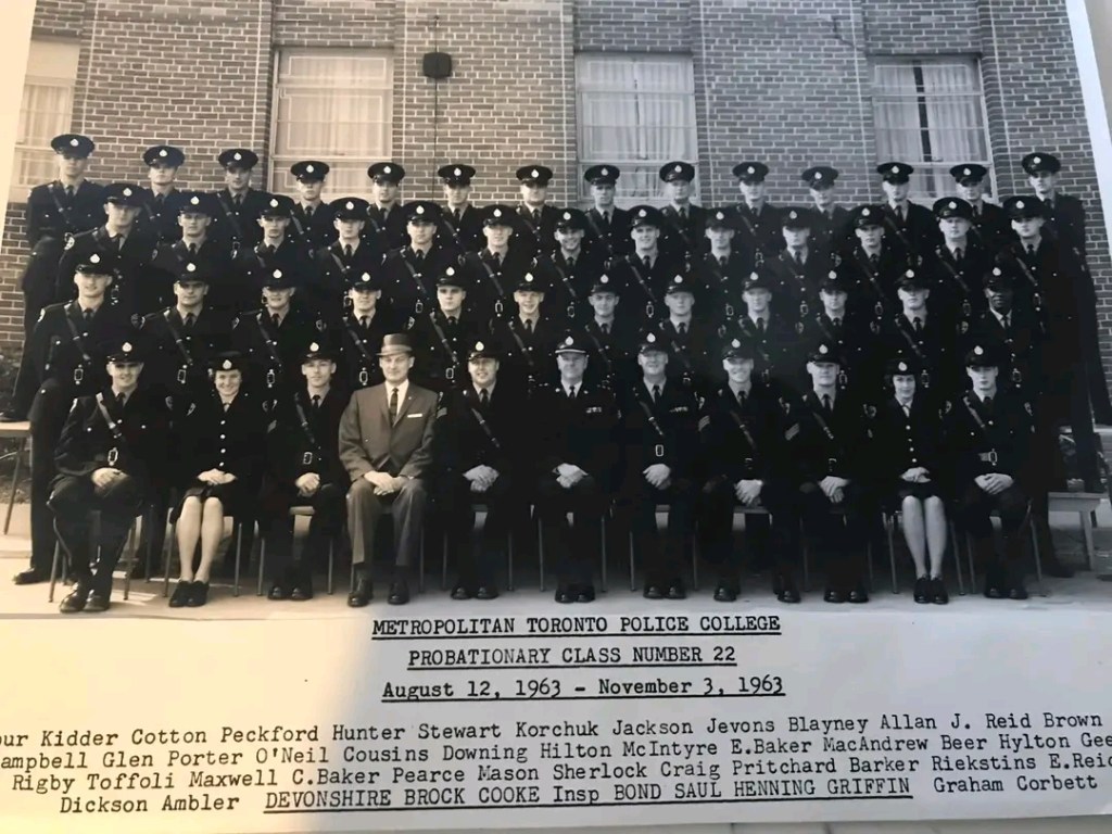 1963 Metropolitan Toronto Police graduating class photo. Inspector Bond, seated, front row centre. (Author’s Collection)