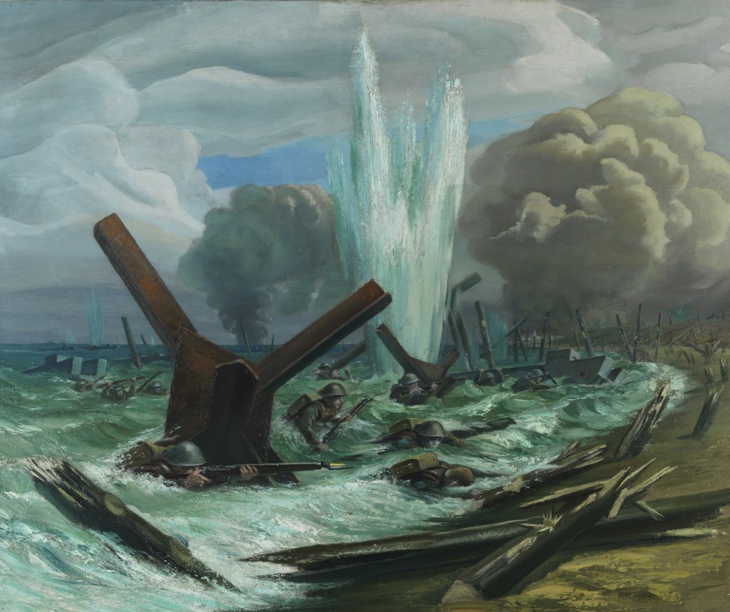 The Assault by Captain Orville Norman Fisher depicts the first wave attackers and the obstacles on the beach.
